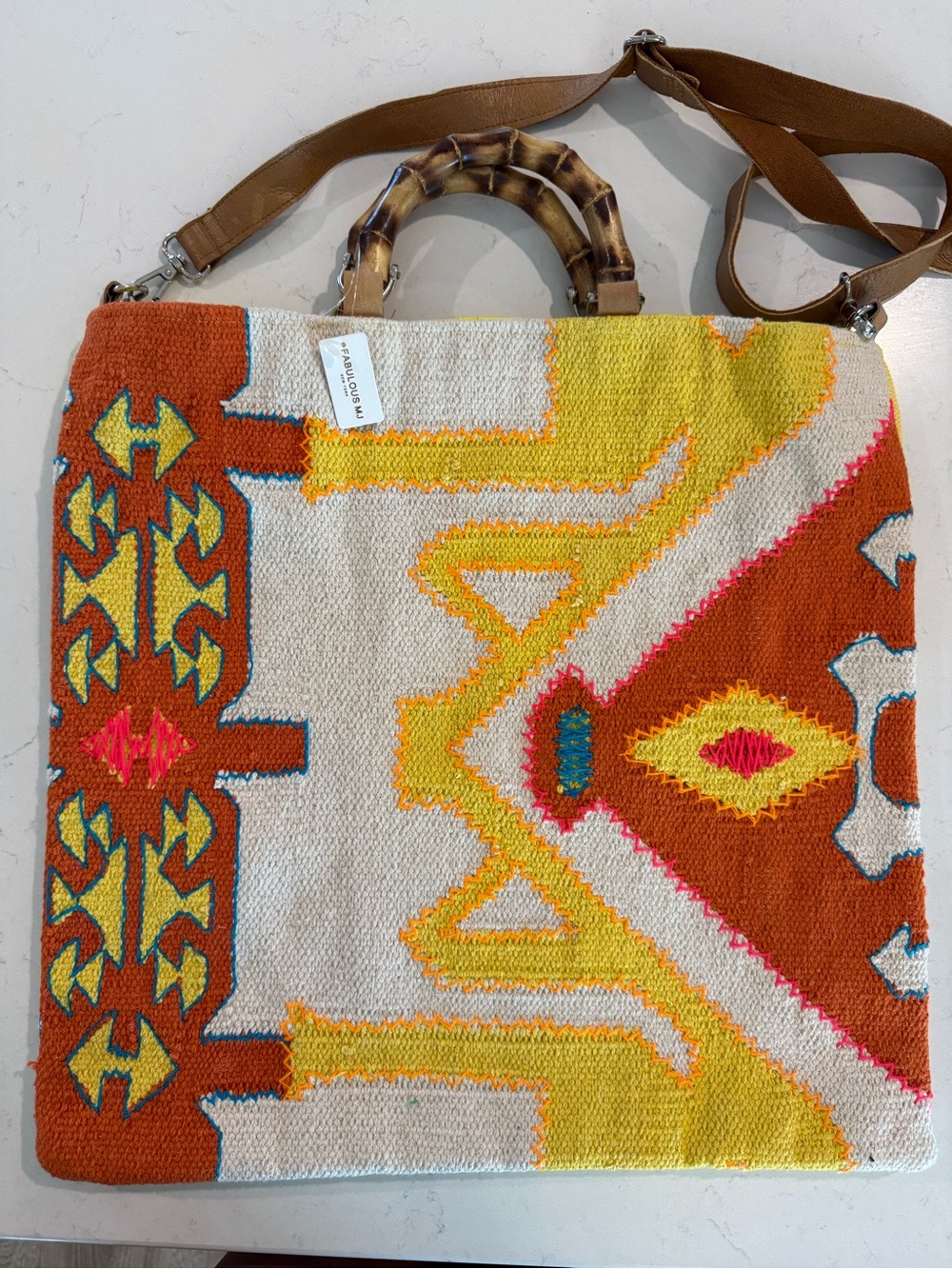 Handwoven Multicolor Tote Bag with Bamboo Handles